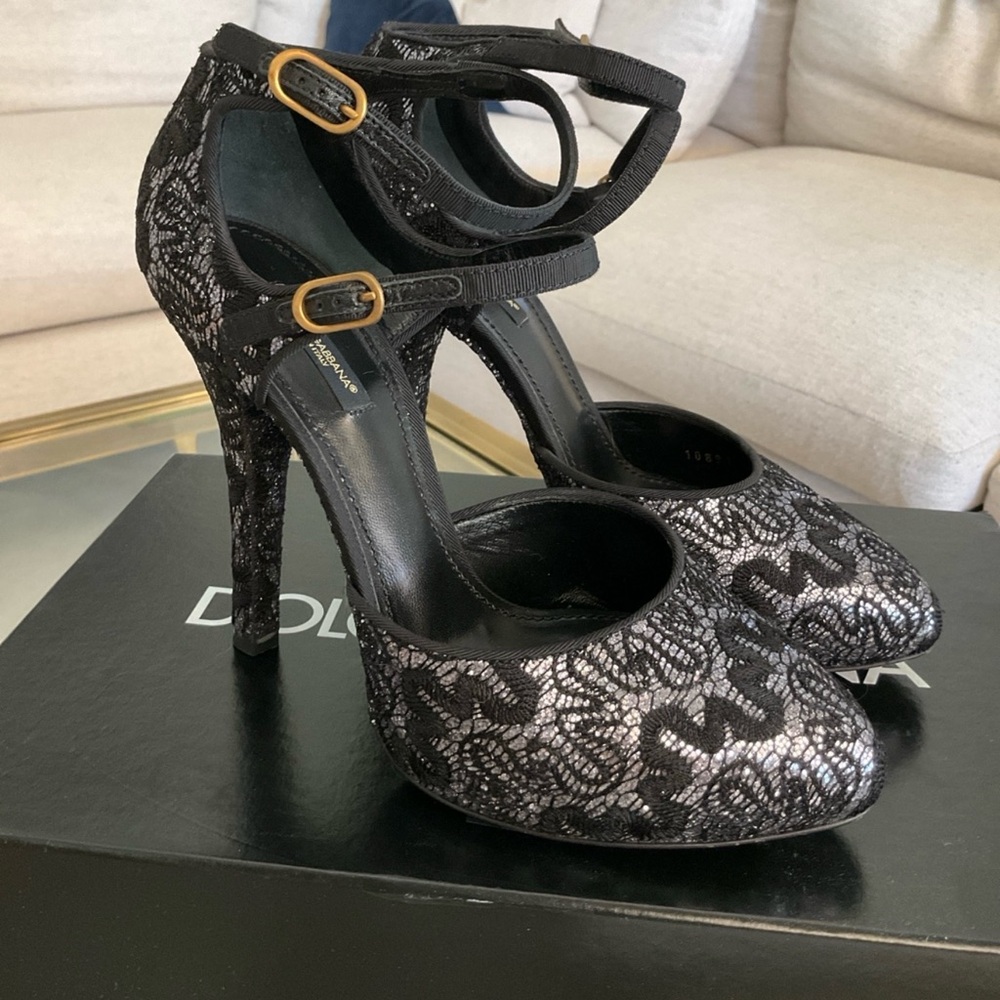 Dolce & Gabbana Black and Silver Lace Ankle-Strap Platform Heels